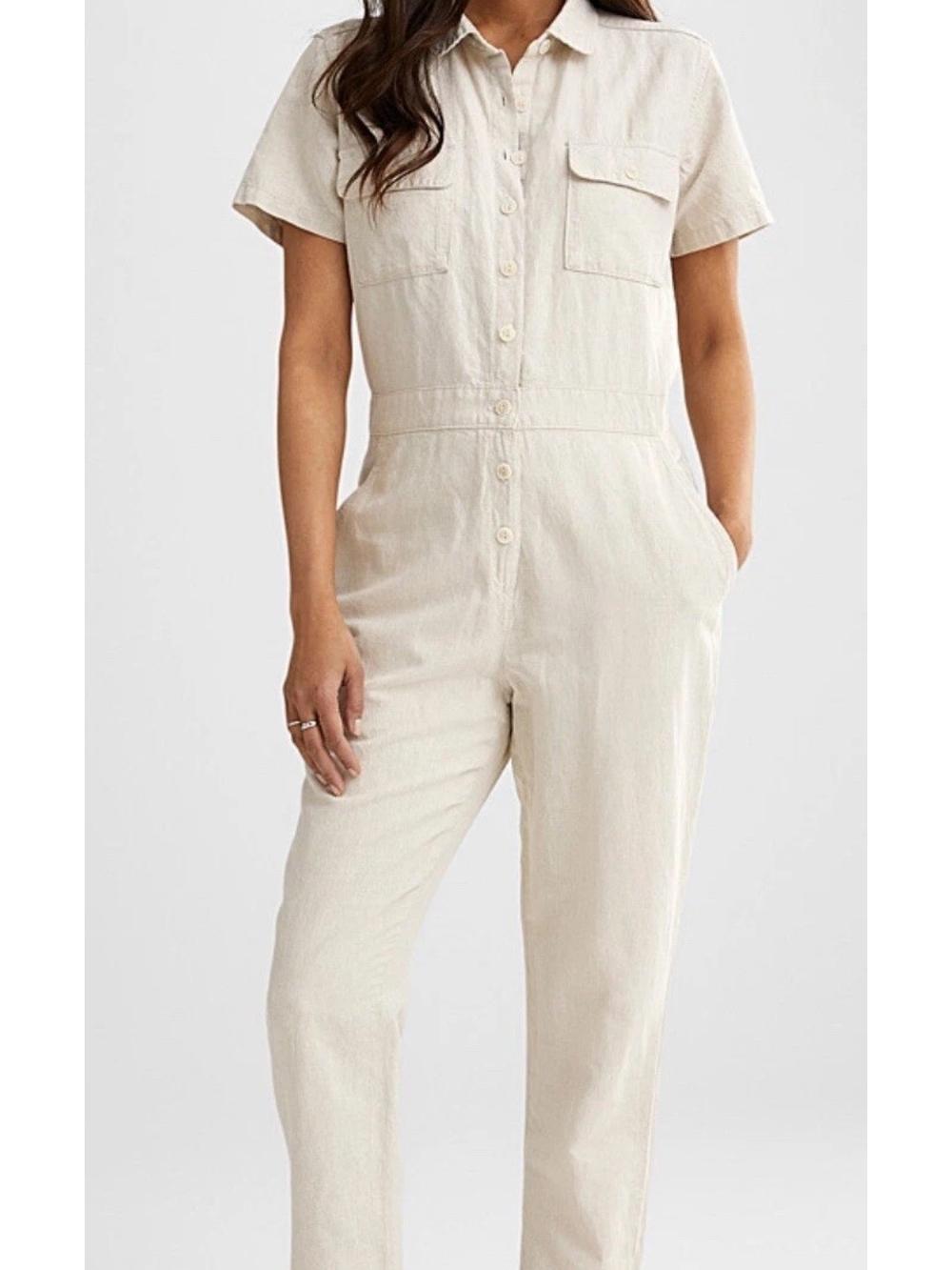 Outerknown Cream Short-Sleeve Button-Front Utility Jumpsuit
